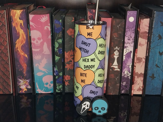 Hex Me Daddy 20oz Tumbler | Smut Witch Candy Heart Gift | Bookish Skinny Cup with Lid, Straw, and Straw Topper