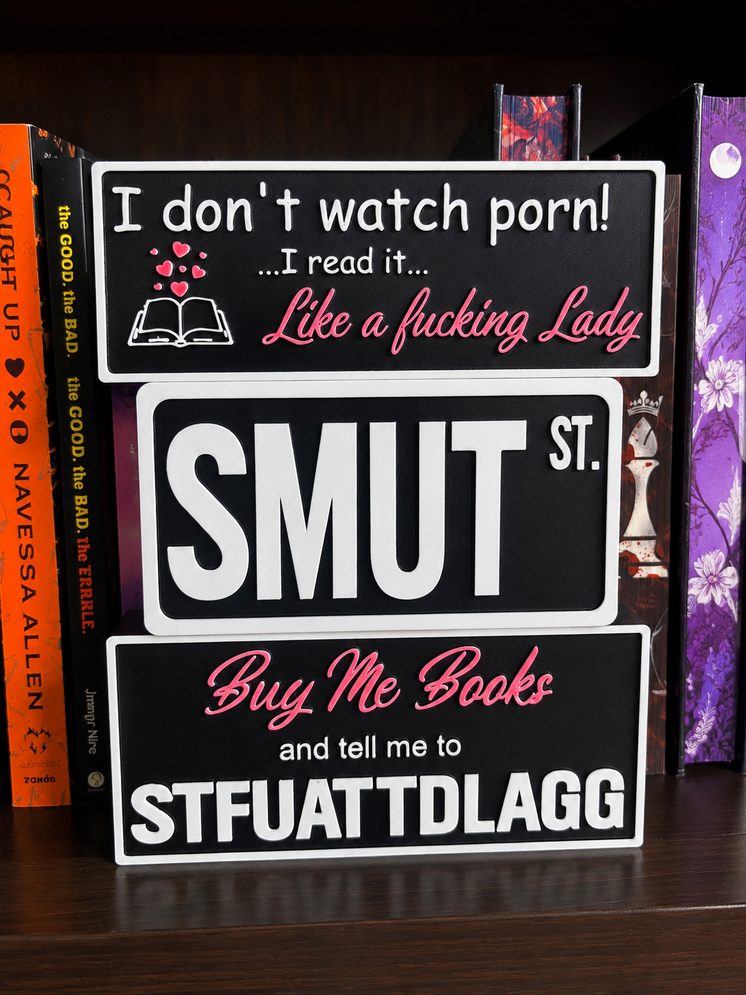 Buy Me Books & Tell Me to STFUATTDLAGG Shelf Sign | Dark Romance Reader Decor | BookTok Bookshelf Accent